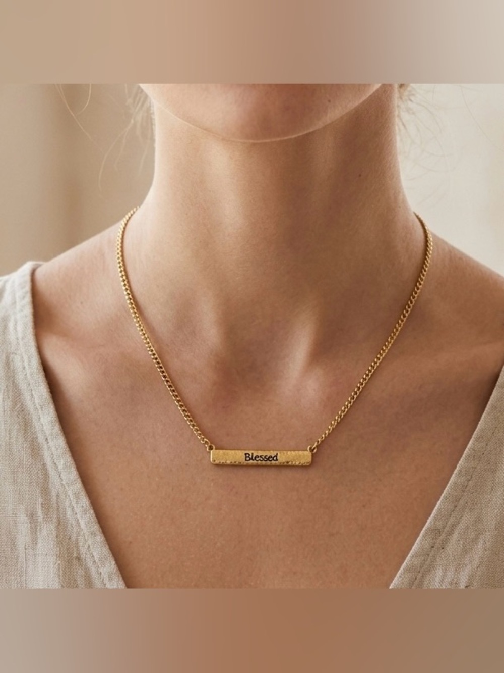 Blessed Bar Necklace Gold Tone Engraved Adjustable Chain Minimalist Jewelry Gift